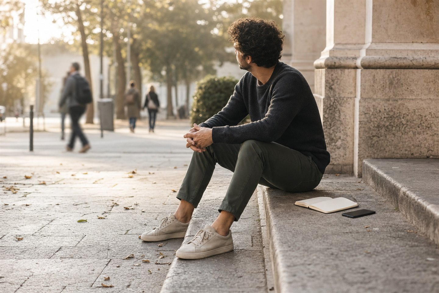 Pessoa observa uma conversa à distância antes de formar uma interpretação